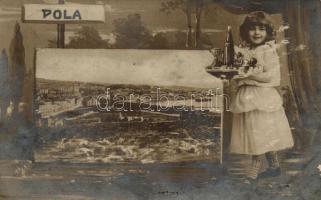 Pola, Pula; panorama view, child with hand drawn plate (minor surface damage)