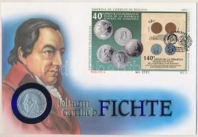 Németország 1993. &quot;Johann Gottlieb Fichte&quot; Ag emlékérem (1oz/0.999) felbélyegzett borítékban, német nyelvű ismertetővel T:1 Germany 1993. &quot;Johann Gottlieb Fichte&quot; Ag commemorative coin (1oz/0.999) in envelope with stamp, with information in German C:UNC