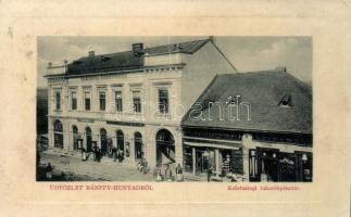 Bánffyhunyad, Huedin; Kalotaszegi takarékpénztár, Ábrahám M. üzlete, gyógyszertár / savings bank, shops, pharmacy (fa)