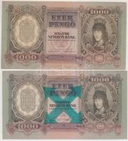 1943. 1000P (2x) egyik hamis nyilaskeresztes festéssel, nyomdai papírráncokkal (fake arrow cross on one banknote) T:I-,II