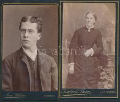 1870-1900 Női és férfi portré, keményhátú kabinetfotók F. Bopp és A.Wilcke innsbrucki műtermeiből,2db, cca 11x6cm