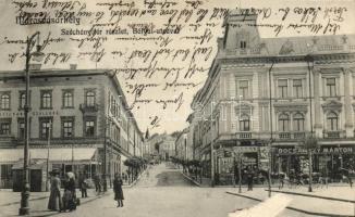 Marosvásárhely, Targu Mures; Széchényi-tér, Bólyai utca, Transylvania szálloda és kávéház, Pallós és Papné üzlete, Bocsánczy Márton üzlete / square, street, hotel, coffe shop, shops (felületi sérülés / surface damage)