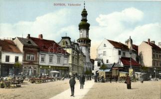 Sopron, Várkerület, Tűztorony, Fischer Emil üzlete, Pál Samu vendéglője, Drogéria, Weiss József üzlete, piac