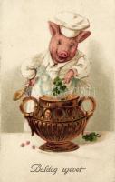 &#039;Boldog újévet&#039; / New Year, Pig chef cooking clovers, litho