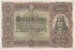 1920. 5000K &quot;Orell Füssli Zürich&quot; piros sorozat- és sorszám T:restaurált Hungary 1920. 5000 Korona &quot;Orell Füssli Züric&quot; with red serial number C:restored Adamo K38