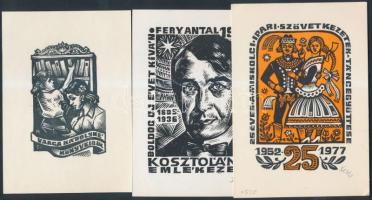 Fery Antal (1908-1944): 3 db ex libris, klisé, papír, dúcon (is, 2db)jelzettek, cca 14x10cm