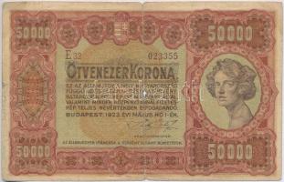 1923. 50.000K &quot;Orell Füssli&quot; barna sor- és sorozatszám T:III- Hungary 1923. 50.000 Korona &quot;Orell Füssli&quot; brown serial C:VG Adamo K45