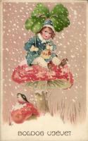 New Year, mushrooms, girl, litho