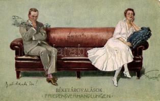 &#039;Béketárgyalások&#039; Romantic couple postcard, humour, artist signed (EM)