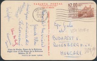 1968 Mexikói olimpia résztvevőinek aláírása képeslapon többek között: Székely Éva (1927-) a Nemzet Sportolója címmel kitüntetett olimpiai bajnok magyar úszónő; Wichmann Tamás (1948-), kenuvilágbajnok, Európa-bajnok,ect; Hesz Mihály, Hess Mihály (1943-) olimpiai bajnok kajakozó;