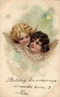 Christmas, angels heads with wings, litho