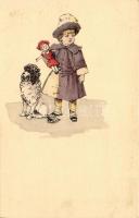 Girl with dog and doll, glued paper;