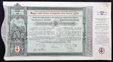 Budapest 1882. "Magyar szent korona országainak vörös-kereszt egylete" kisorsolási kötvény 5Ft-ról T:I-,II