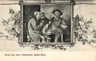 Gruss aus dem Löwenbräu Essen-Ruhr / beer advertisement, drinking men s: H. Leben