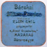 Bácskai Klein Emil gyógyszertár, Madaras,Bács-megye, papírdoboz, 7x7x3cm