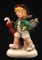 Kisfiú esernyővel, német porcelán figura, kézzel festett, hibátlan, jelzett, m: 11 cm