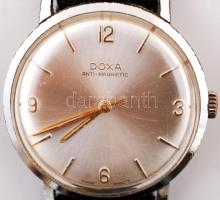 Doxa férfi karóra, jelzett, sorszámozott, bőr szíjjal, számlap enyhén karcos, működik
