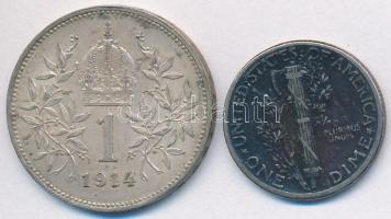 Vegyes: Ausztria 1914. 1K Ag "Ferenc József" + Amerikai Egyesült Államok 1944. 1D Ag &quot...