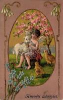 Easter, angel, lamb, chicken, floral, Art Nouveau Emb. litho (EK)