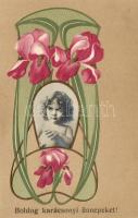 Christmas, child, floral, Art Nouveau, Emb. litho