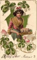 New Year, lady with pig, floral, Art Nouveau, Trademark No. 301. Emb. litho (EK)