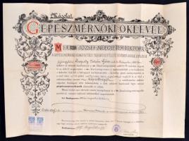 1919 Gépészmérnöki oklevél, Magyar József-Műegyetem, okmánybélyeggel (1,5k.), hajtogatva, 45x60cm