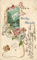 Greeting card, golden decorated, floral Emb. litho, Üdvözlőlap, arannyal díszített, virág dombornyomat, litho