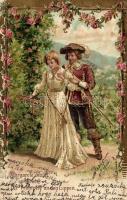 Margarete musst Die Trompete an den Lippen / Romantic art postcard, couple, golden decorated floral Emb. litho (EB)