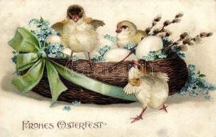 &#039;Frohes Osterfest&#039; / Easter, chicken, basket of eggs, litho, Emb.