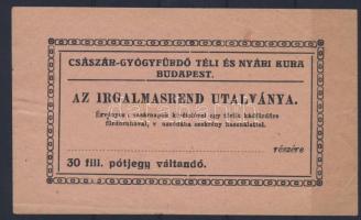 1930-as évek Irgalmasrend utalványa a Császár gyógyfürdőbe 30f pótjeggyel használható
