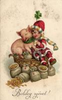 &#039;Boldog újévet!&#039; / New Year, child in Santa Claus dress, pig, sacks of gold, clover, litho