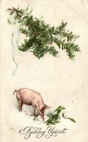 &#039;Boldog Újévet&#039; / New Year, pig, pine branch, M. Munk No. 671, litho, (Rb)