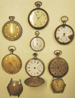 9db kar- és zsebóra, köztük 6db ezüst tokkal, 4db Omega zsebóra, 1db kulcsos női zsebóra (kulcs nélkül), 1db Doxa karóra, 1db Langendorf és 1db Animato. Mindegyik működésképtelen, javításra szorul.