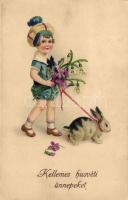 &#039;Kellemes húsvéti ünnepeket&#039; / Easter, child with rabbit and flowers, Erika No. 4000, litho