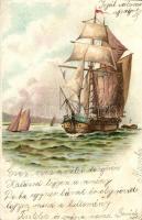 Sailing ship, topsail schooner, litho (kopott sarkak / worn edges)