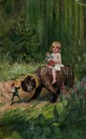 Ritt ins Marchenland / child riding a bear, dwarf, Deutsche Meister No. 4281, s: H. Susemihl (EK)