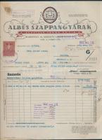 1932 Albus Szappangyárak, Schützer Jakab és fia, Bp., IV. Kossuth Lajos ucca 13. számla okmánybélyeggel (2fillér), 29x23cm