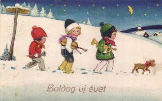 &#039;Boldog új évet&#039; / New Year, children with instruments, Amag No. 2229, litho (kis szakadás / small tear)