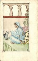 Italian art postcard, lady with cat, s: SDN (EK)
