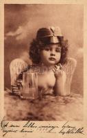 Child dressed as an angel drinking beer, smoking cigarette in soldiers hat, bizarre