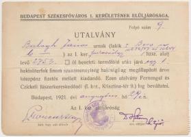 Budapest 1921. &quot;2753 öl bevetett termőföld után járó 1 hektoliterfok finom szeszmennyiség&quot; utalvány T:III