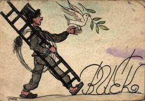 Újév / New Year, chimney sweeper with dove, hand painted, (non PC), s: Járó (fa)