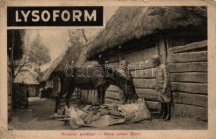 9 db katonai motívum képeslap, I. világháborús hétköznapok, Lysoform fertőtlenítő reklám, egy másodp...