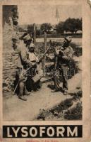 9 db katonai motívum képeslap, I. világháborús hétköznapok, Lysoform fertőtlenítő reklám, egy másodp...