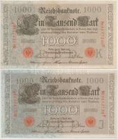 Német Birodalom 1910. 1000M (3x) hétjegyű sorszám, piros pecséttel, közte 2db sorszámkövető T:I-,II German Empire 1910. 1000 Mark (3x), 7 digits with red seal, with 2pcs sequential serials C:AU,XF