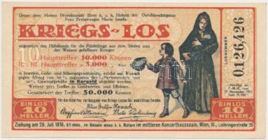 Ausztria 1916. &quot;Mária Jozefa főhercegnő jótékonysági sorsjegye&quot; 10h értékben T:I- Austria 1916. &quot;Charity lottery ticket of Archduchess Maria Josefa&quot; about 10 Heller C:AU