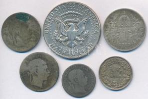 Vegyes: Ausztria 1872. 10kr Ag + 1862. 20kr Ag (2x) + 1913. 1K Ag "Ferenc József" + Amerik...