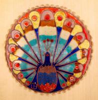 Tűzzománc páva fa alapon, faragott fa tányérral, d: 22 cm, 27x22 cm