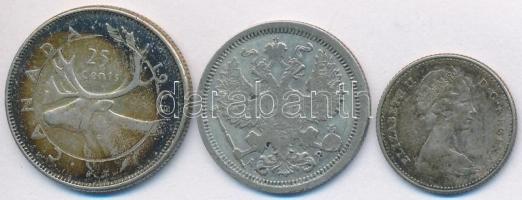 Vegyes: Orosz Birodalom 1904. 20k Ag + Kanada 1965. 25c Ag "II. Erzsébet" + 1967. 10c Ag T...