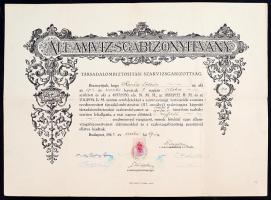 1931-1942 Díszes számvevőségi illetve tanári államvizsga-bizonyítvány, aláírásokkal, az egyiken a ha...